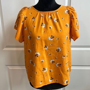 Loft 55% Linen Gold-Orange Floral Blouse with Buttons Down the Back